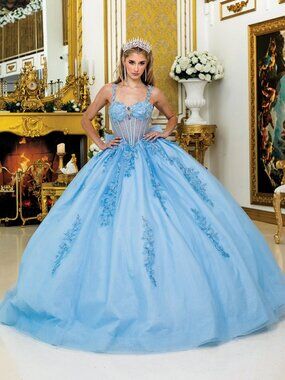 New Bahama Blue Sleeveless Maxi Quinceanera Dress w/ Front Brooch DQ 5046